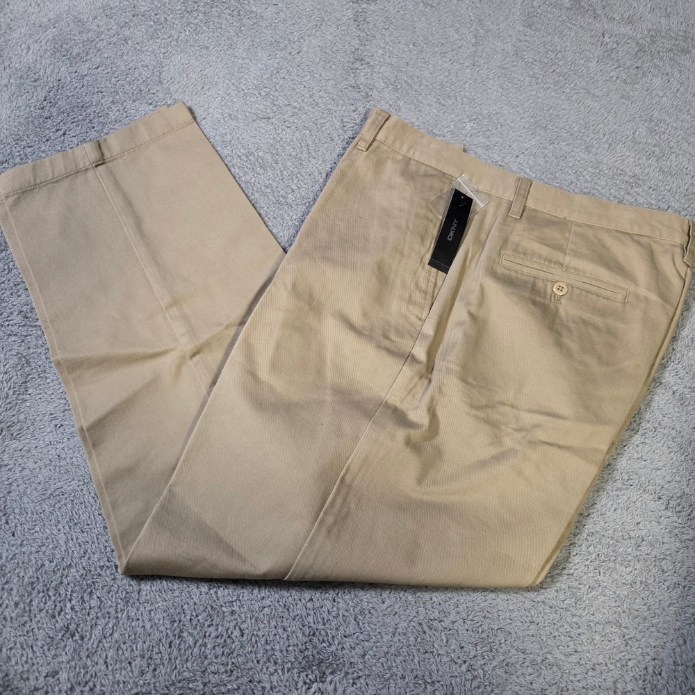 DKNY Mens 36/30 Chino Pants Khaki Cotton Flat Front Straight Leg Trousers 2942